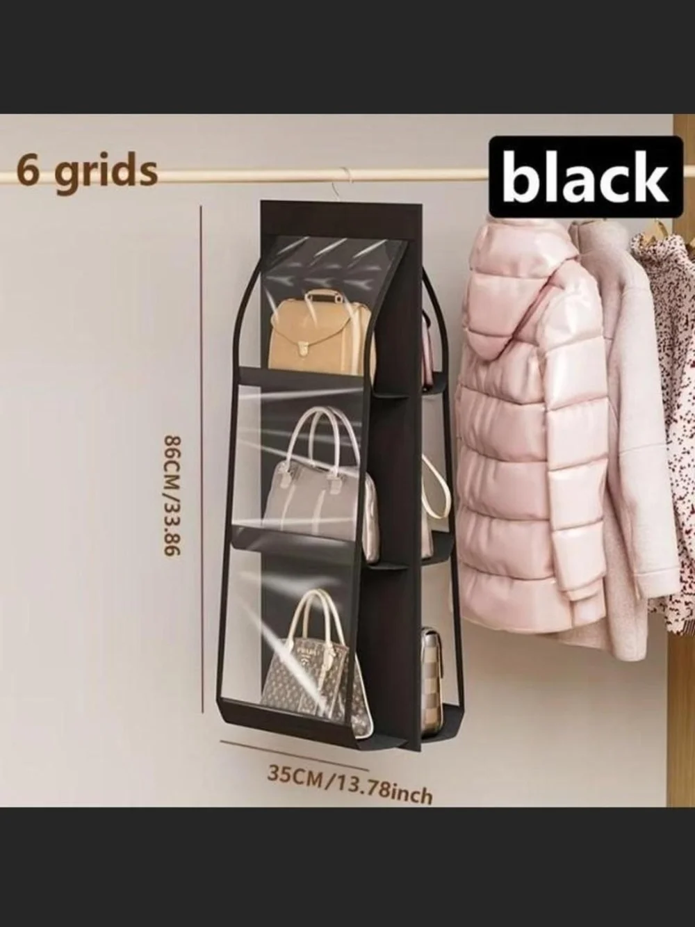 Black Hanging Purse Organizer for Closet 6 Grids
